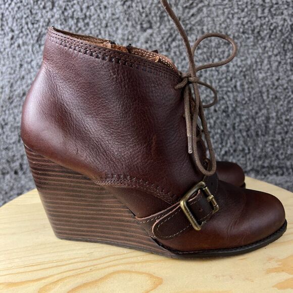 Fossil Wedge Heel Boots Womens 8.5 Brown Leather Ankle Booties Lace Up Shoes - Picture 4 of 10